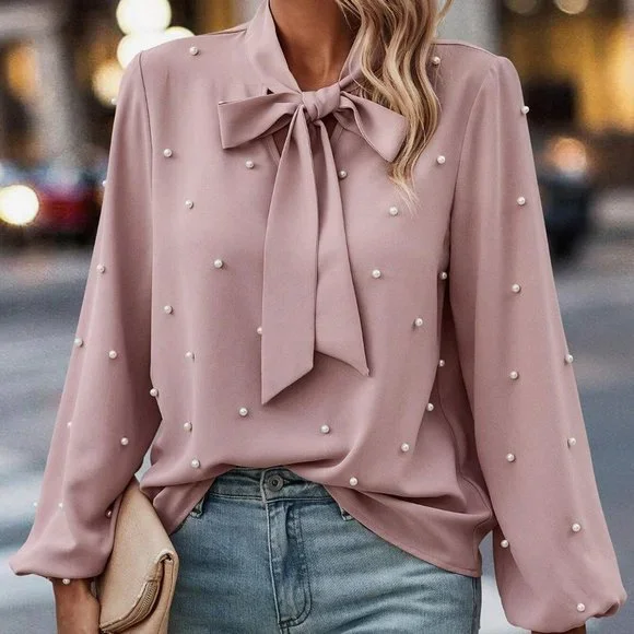 Dusty Pink Preppy Womens Pearls Beaded Tie Neck Lantern Sleeve Blouse - Picture 1 of 4